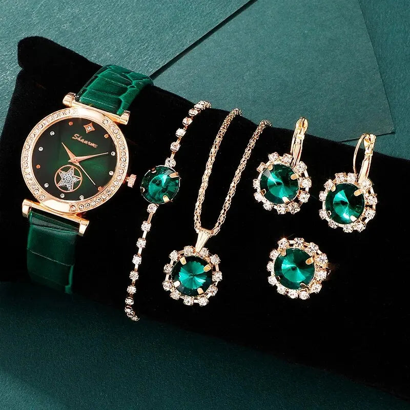 Set Green Luxury Quartz Watch Women