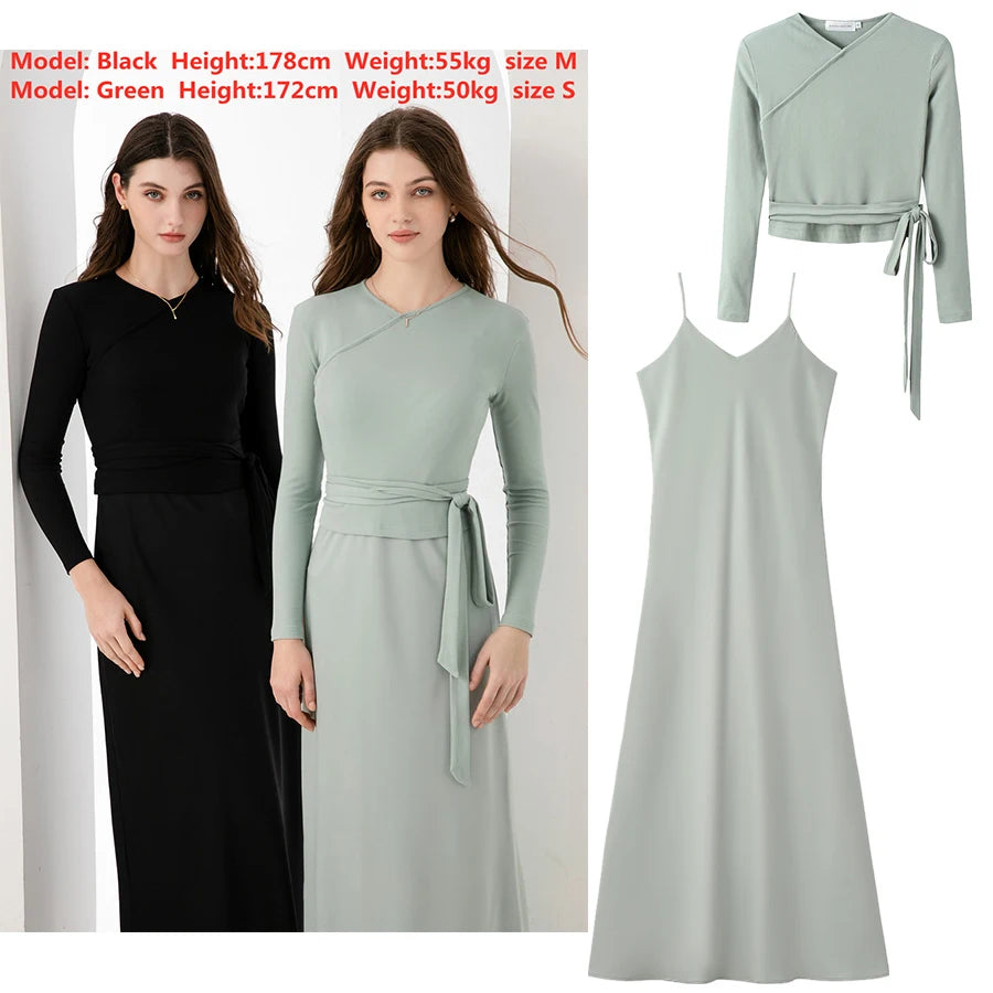 high Stretch ribbing closed-fit wrap tops + Matte Satin dress Maxi matching sets