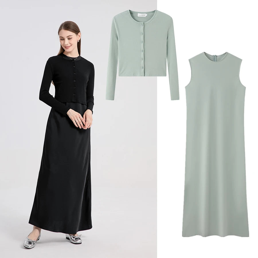 high Stretch ribbing closed-fit wrap tops + Matte Satin dress Maxi matching sets