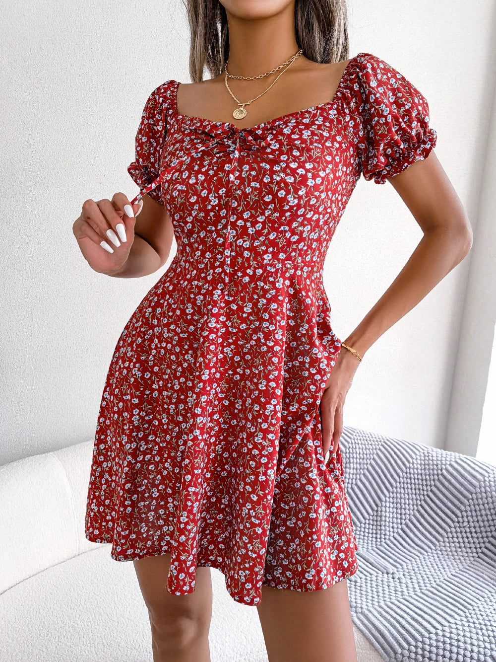 Women Casual Ruffles Short Sleeve Floral Print A Line Dress