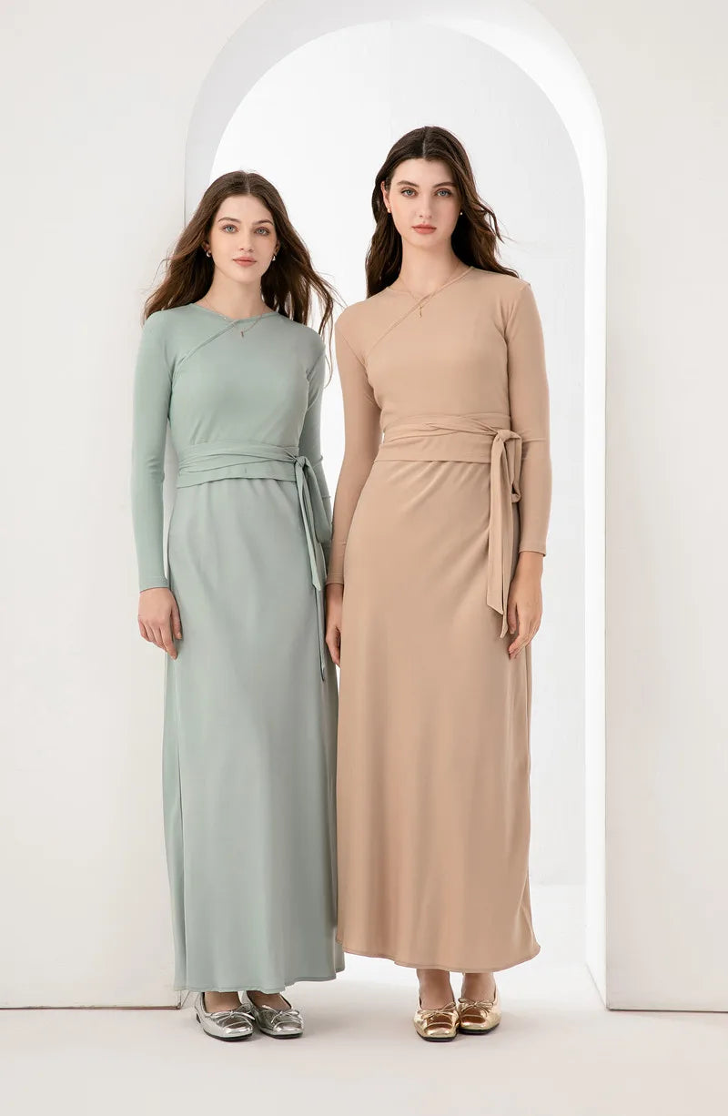 high Stretch ribbing closed-fit wrap tops + Matte Satin dress Maxi matching sets