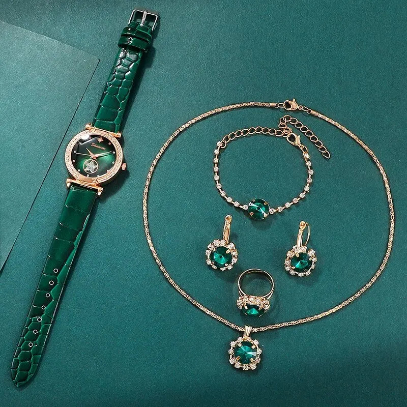 Set Green Luxury Quartz Watch Women