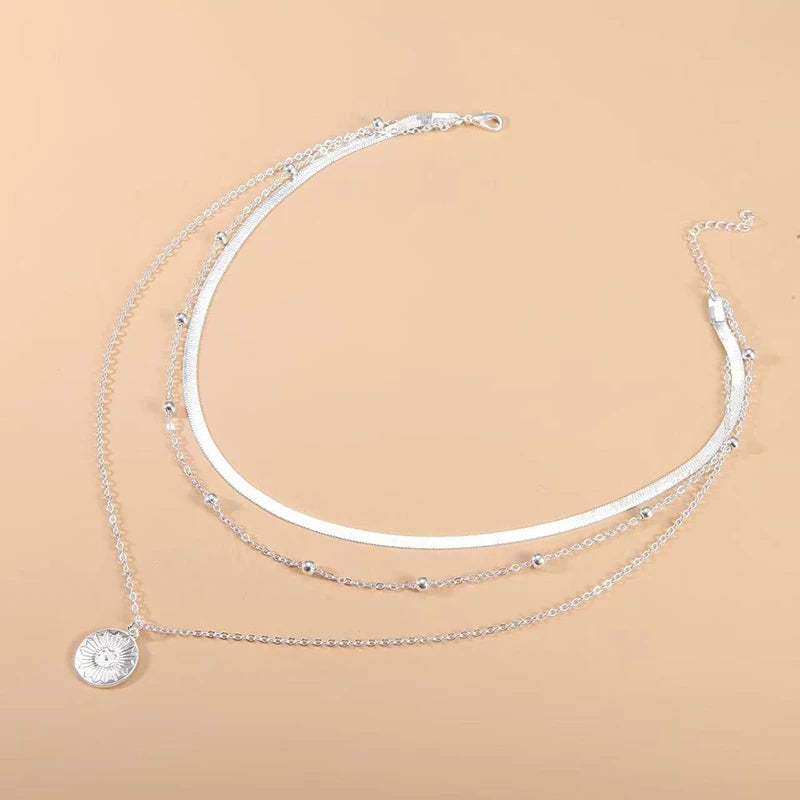 Sterling Silver Three-Layer Round Necklace